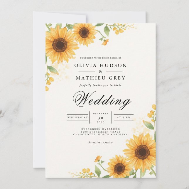Golden Sun Flourish Botanical Wedding Invitation (Front)