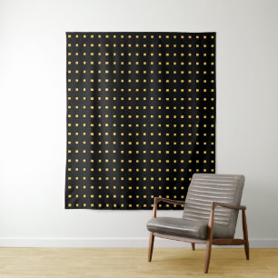 Golden sun geometric art on black contrast tapestry