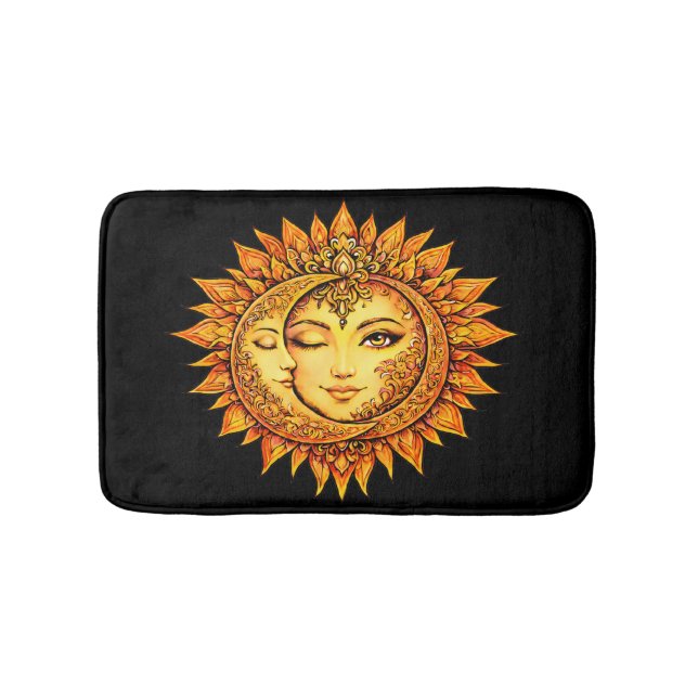 Golden Sun Moon Boho Goddess | Celestial Mandala Bath Mat (Front)