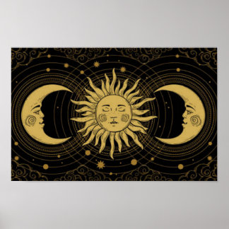 Golden Sun-Moon on Midnight Black Celestial Poster