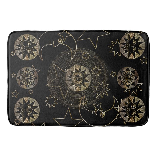 Golden Sun Moon Stars Celestial Astronomy art Bath Mat (Front)