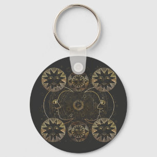 Golden Sun Moon Stars Celestial Astronomy art Key Ring