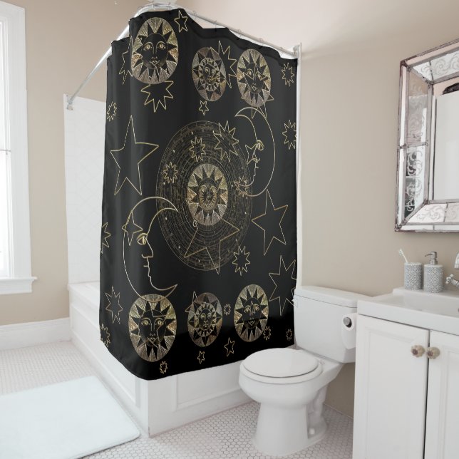 Golden Sun Moon Stars Celestial Astronomy art Shower Curtain (In Situ)
