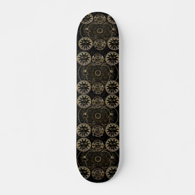 Golden Sun Moon Stars Celestial Astronomy art Skateboard (Front)