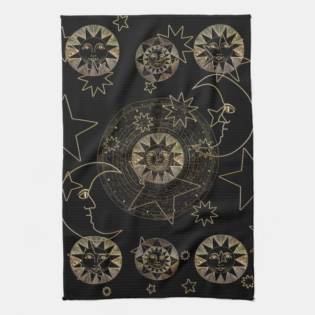 Golden Sun Moon Stars Celestial Astronomy art Tea Towel (Vertical)