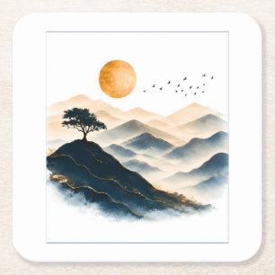 Golden Sun Mountain Landscape Square Paper Coaster