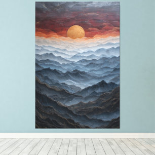 Golden Sun Over Blue Mountain Ranges Abstract Wall Canvas Print