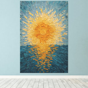 Golden Sun Over Blue Ocean Textured Abstract Wall Canvas Print