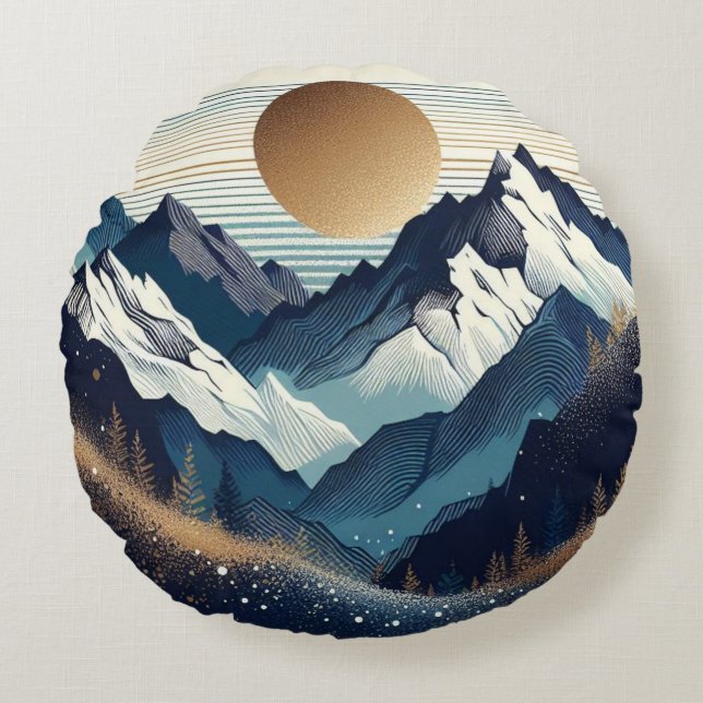 Golden Sun Over Mountain Peaks Round Cushion (Front)