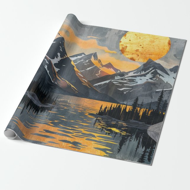 Golden Sun Over Snowy Mountains – Boho Wilderness Wrapping Paper (Unrolled)