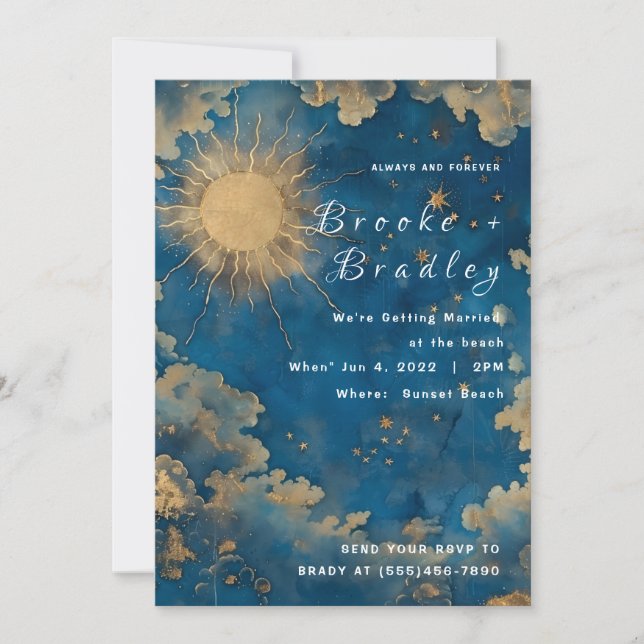 Golden Sun & Stars Celestial Wedding Invitation (Front)