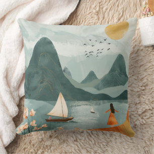 Golden Sun Teal Lake Romantic Mountain Escape Cushion