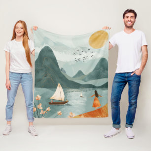 Golden Sun Teal Lake Romantic Mountain Escape Fleece Blanket