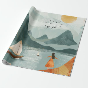 Golden Sun Teal Lake Romantic Mountain Escape Wrapping Paper