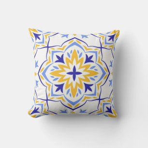 Golden Sunburst Elegant Blue and Gold Floral Cushion