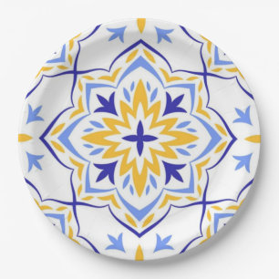 Golden Sunburst  Elegant Blue and Gold Floral  Paper Plate