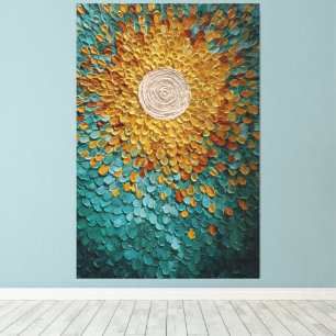 Golden Sunburst with Teal Petals Abstract Wall Art
