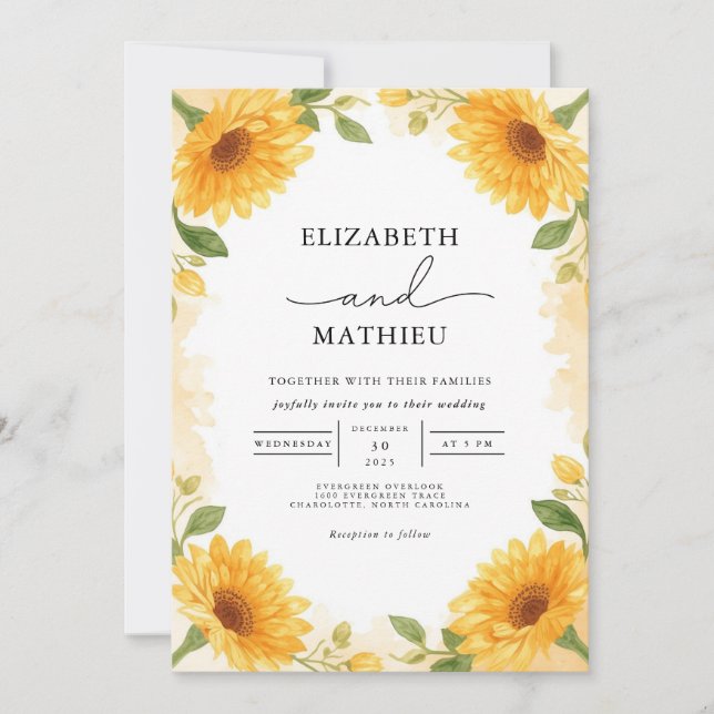 Golden Sunflower Botanical Frame Wedding Invitation (Front)