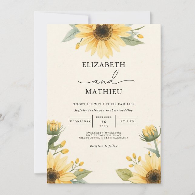 Golden Sunflower Botanicals Wedding Invitation (Front)