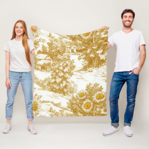 Golden Sunflower Cottage Toile Countryside Pattern Fleece Blanket