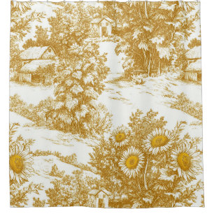 Golden Sunflower Cottage Toile Countryside Pattern Shower Curtain