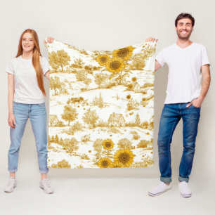 Golden Sunflower Cottagecore Countryside Toile Fleece Blanket