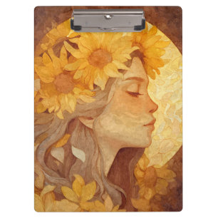 Golden Sunflower Dreamy Woman Art Clipboard