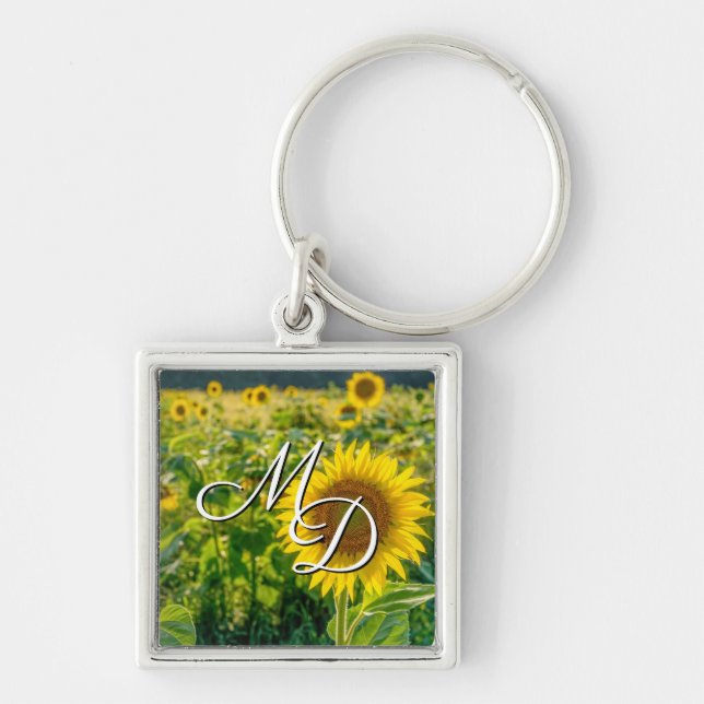 Golden Sunflower Field Monogram Square Keychain (Front)
