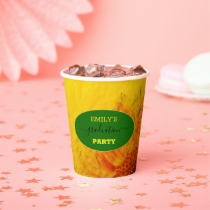 Golden Sunflower & Green Name Graduation Party Paper Cups
