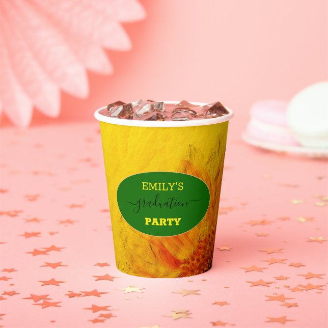Golden Sunflower & Green Name Graduation Party Paper Cups (Insitu)