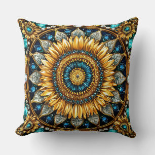 Golden Sunflower Mandala With Intricate Gems Cushion