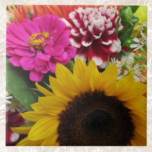 Golden Sunflower Pink Dahlia and Purple Zinnia Tile