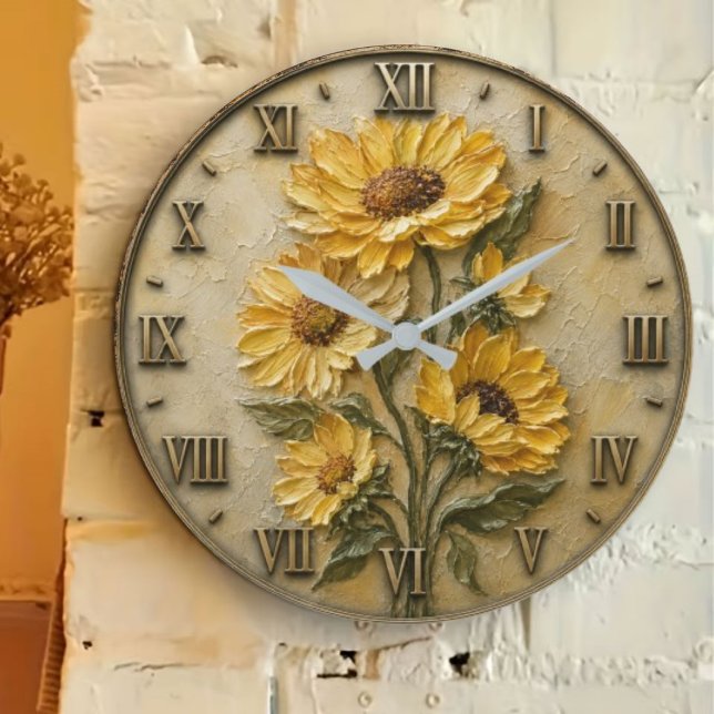 Golden Sunflower Rustic Botanical Farmhouse Decor Large Clock (Creator Uploaded)