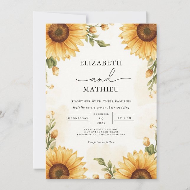 Golden Sunflower Rustic Romance Wedding Invitation (Front)