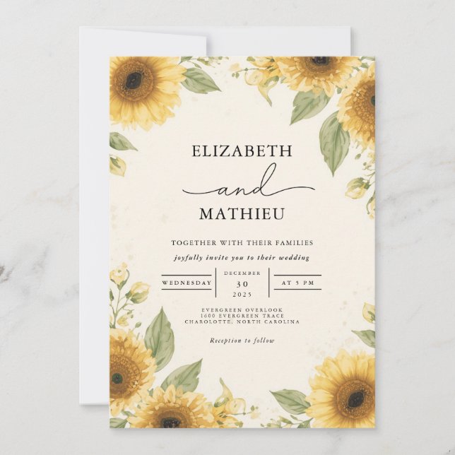 Golden Sunflower Rustic Wedding Invitation (Front)