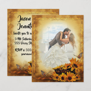 Golden Sunflowers and Butterflies Wedding Invitation