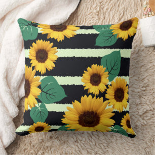 Golden Sunflowers and Jagged Navy Stripes Graphic Cushion