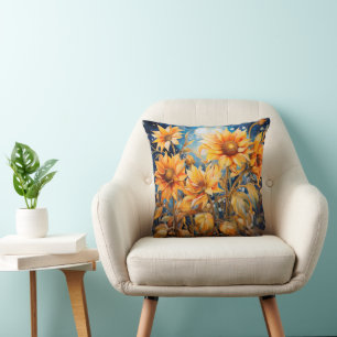 Golden Sunflowers Bloom Watercolor Cushion