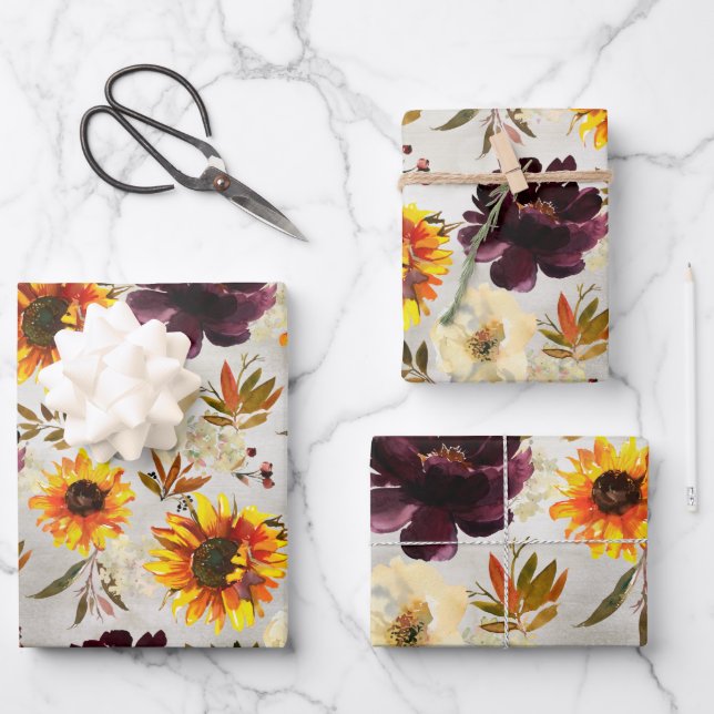 Golden Sunflowers & Bordeaux Wine Floral Wrapping Paper Sheet (Front)
