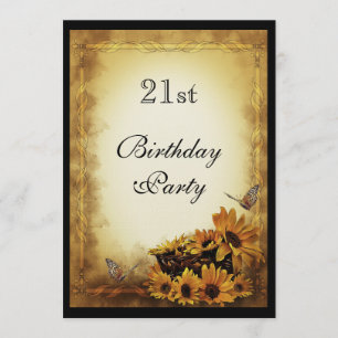 Golden Sunflowers & butterflies 21st Birthday Invitation