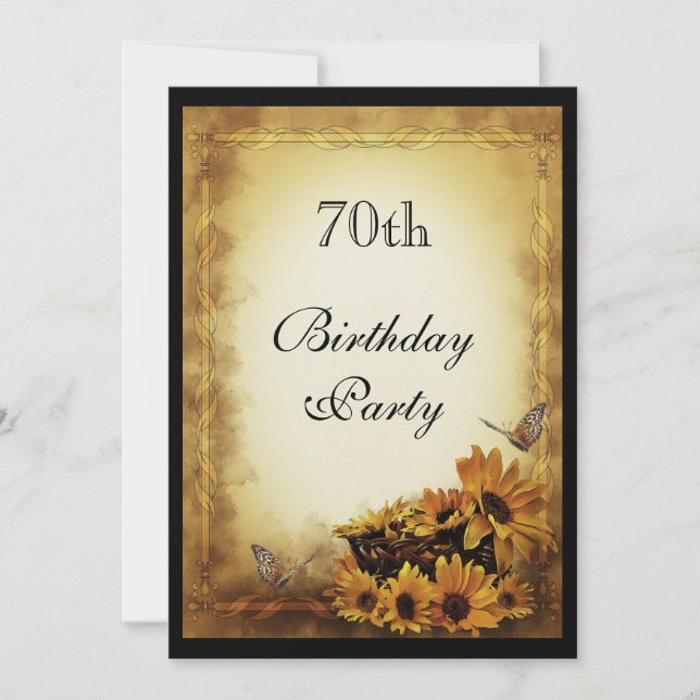 Golden Sunflowers & butterflies 70th Birthday Invitation (Front)
