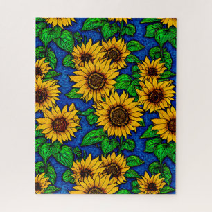 Golden Sunflowers & Leaves on Dark Blue  Jigsaw Puzzle