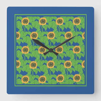 Golden Sunflowers on Bright Blue Background Square Wall Clock