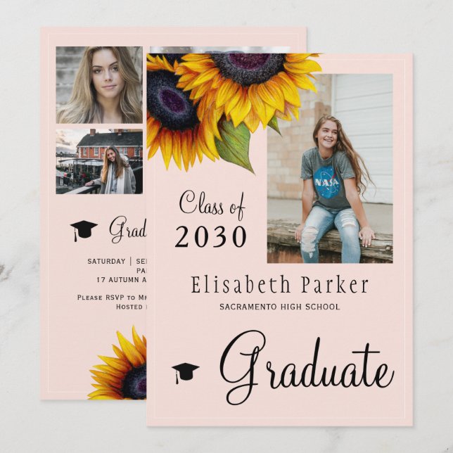 Golden sunflowers PHOTO collage graduation party Invitation (Front/Back)
