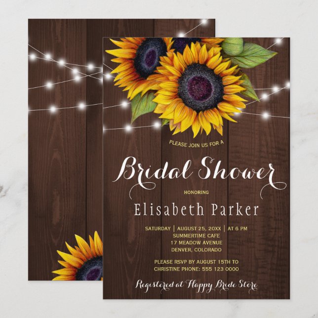 Golden sunflowers rustic barn wood bridal shower invitation (Front/Back)