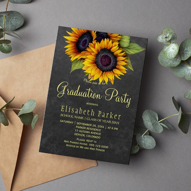 Golden sunflowers rustic chic graduation party invitation (Creator Uploaded)