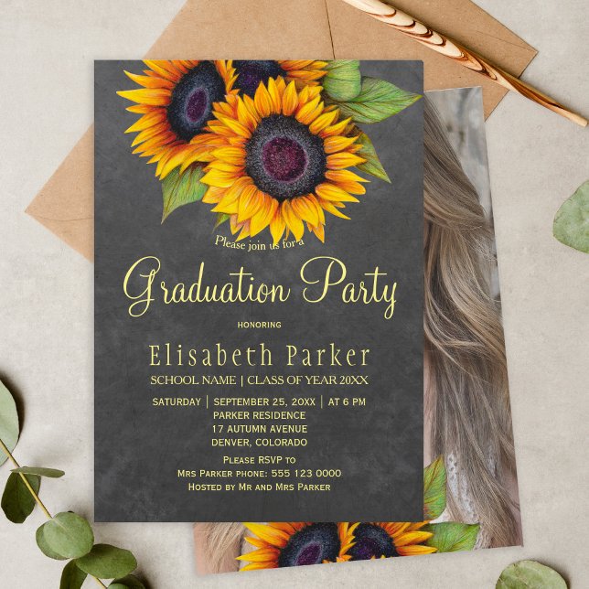 Golden sunflowers rustic PHOTO graduation party Invitation (Creator Uploaded)