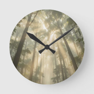 Golden Sunlight Beams Through Misty Tall Trees  Round Clock
