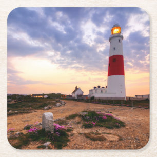 Golden Sunrise At Portland Bill Lighthouse Square Paper Coaster