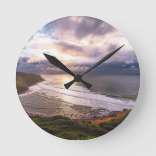 Golden Sunset Coastal Ocean Landscape Photo Print Round Clock